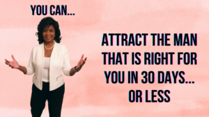woman standing facing the camera wearing a white jacket with hands reaching forward talking about attracting the man that is right for you in 30 days or less